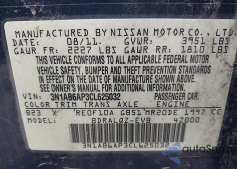 2012 Nissan Sentra 2.0 from USA, damaged, VIN 3N1AB6AP3CL625032